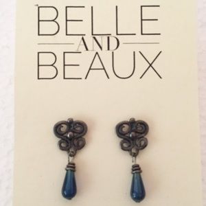 Blue bead rustic silvertone scroll earrings FINAL PRICE